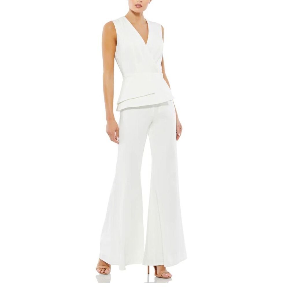 Ieena for Mac Duggal White Sleeveless Faux wrap Peplum Jumpsuit Size 10